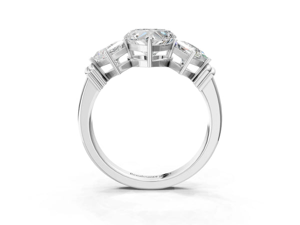 Platinum Heart-Shaped Three Stone Engagement Ring Setting with On-Point Princess Side Stones