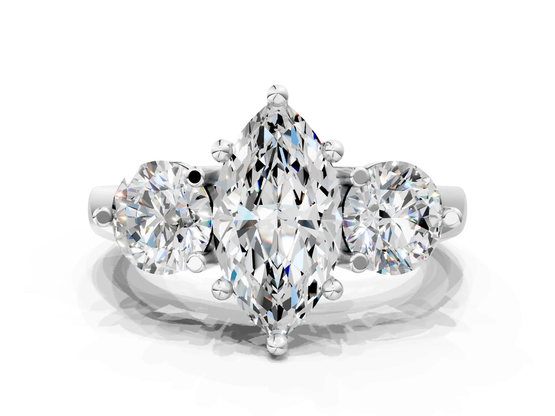 Platinum Three-Stone Marquise Brilliant Cut Solitaire Ring with Prong Setting on a Classic Band