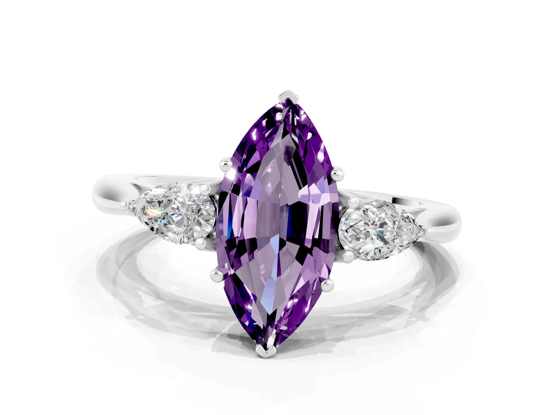 Platinum Three-Stone Marquise Cut Amethyst Ring with Pear  Side Stones in Four-Prong Setting_54