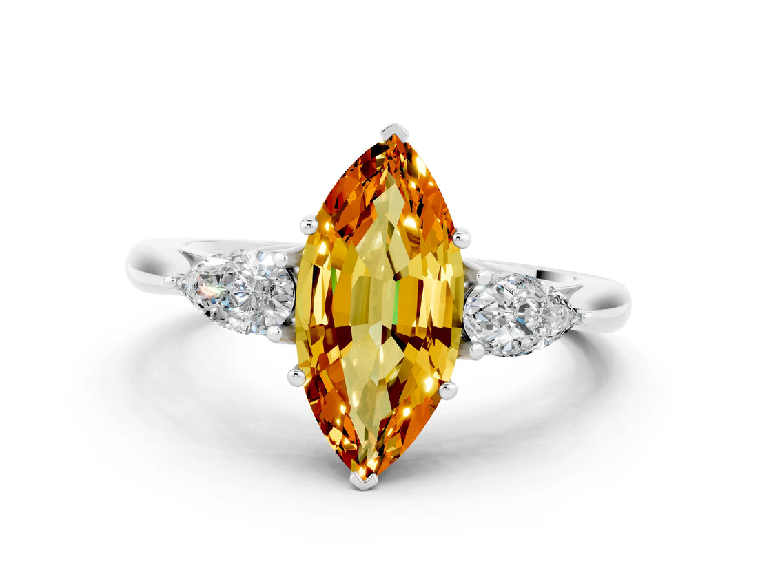 Platinum Three-Stone Marquise Cut Citrine Ring with Pear  Side Stones in Four-Prong Setting_54