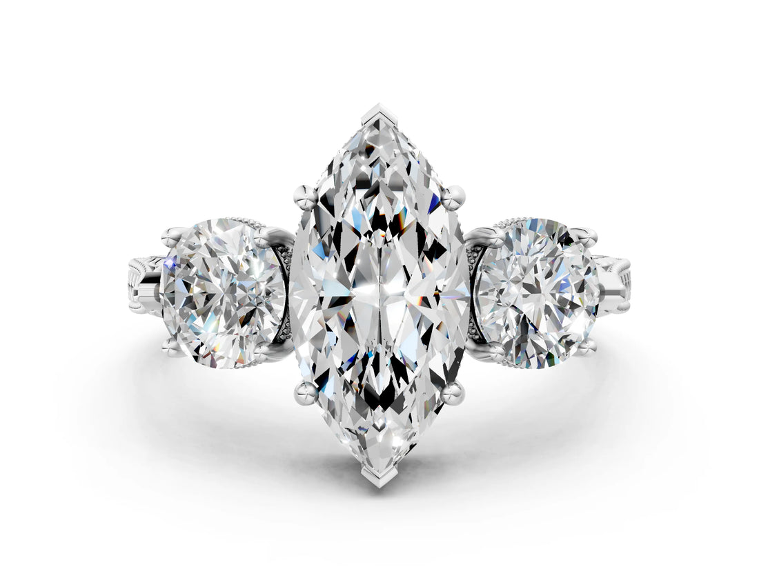 Platinum Three-Stone Marquise Cut Cut Milgrain Band Prong Setting Ring_13