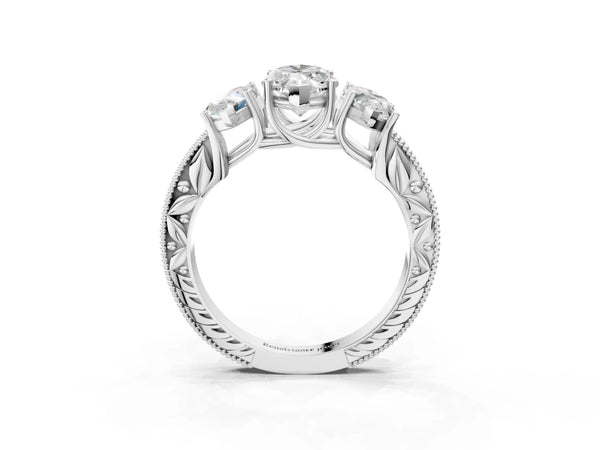 Platinum Marquise Vintage Three Stone Engagement Ring Setting with Milgrain Pave Band