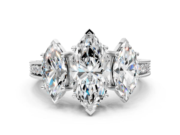 Platinum Marquise Vintage Three Stone Engagement Ring Setting with Milgrain Pave Band
