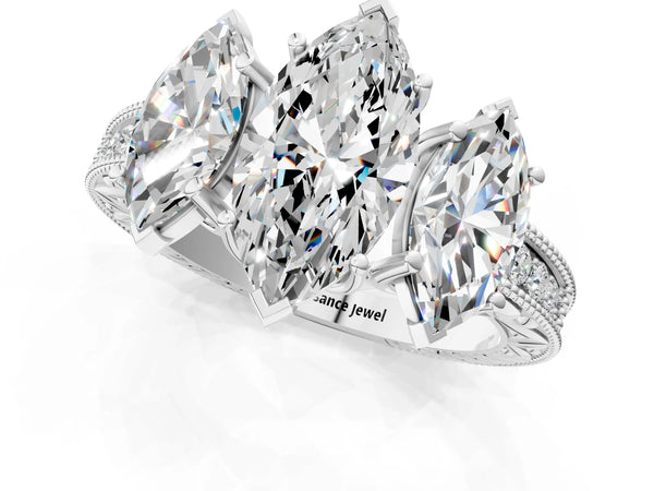 Platinum Marquise Vintage Three Stone Engagement Ring Setting with Milgrain Pave Band