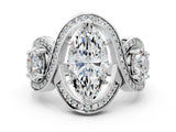 Platinum Three-Stone Marquise Cut Diamond Wave Pave Band with Prong Setting_19