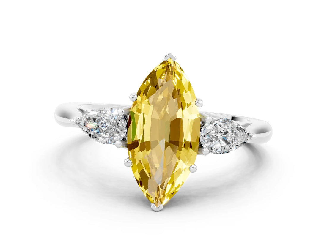 Platinum Three-Stone Marquise Cut Yellow Sapphire Ring with Pear  Side Stones in Four-Prong Setting_54