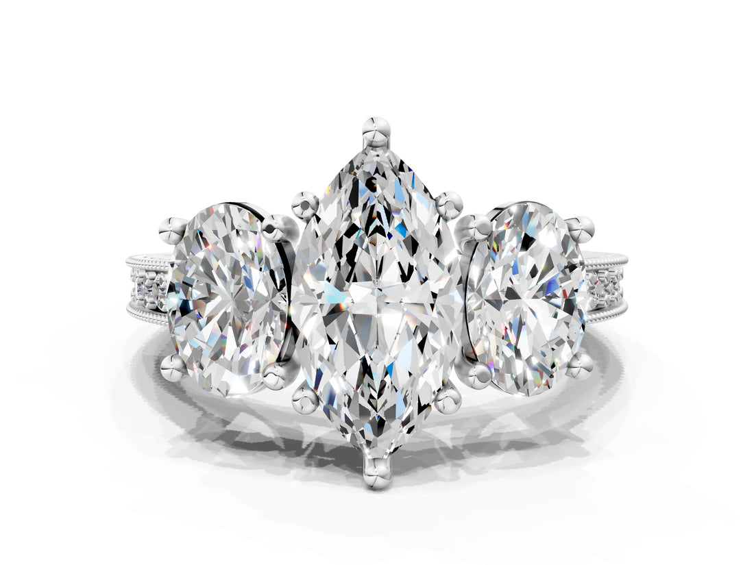 Platinum Three-Stone Marquise Diamond Milgrain Pave Band with Prong Setting 1