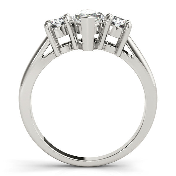 White gold Three-Stone Emerald Cut Diamond Solitaire with Round Accents and Prong Setting on a Classic Band