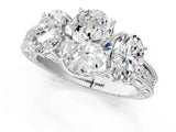 Platinum Three-Stone Oval Cut Diamond Milgrain Pave Engagement Ring_44