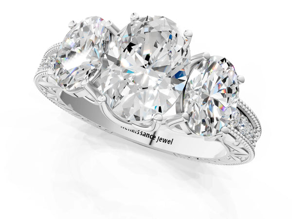 Platinum Oval Vintage Three Stone Engagement Ring Setting with Milgrain Pave Band