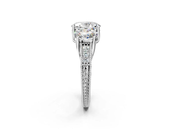 Platinum Oval Vintage Three Stone Engagement Ring Setting with Milgrain Pave Band