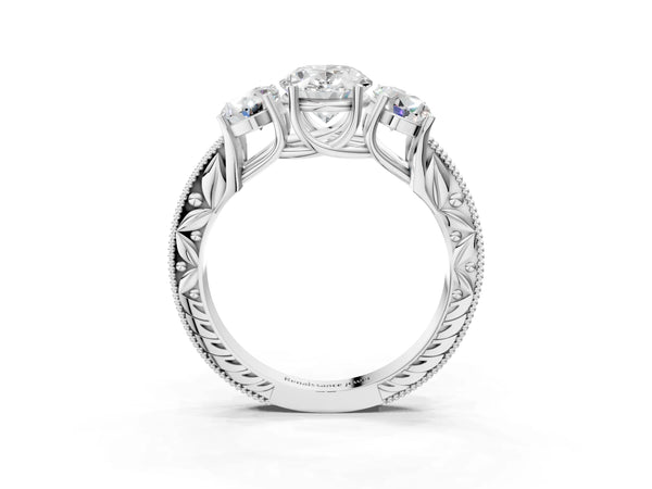 Platinum Oval Vintage Three Stone Engagement Ring Setting with Milgrain Pave Band