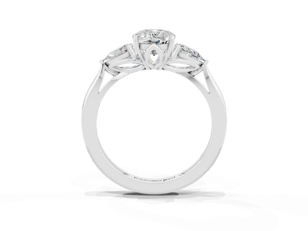 Platinum Three-Stone Oval Cut Moissanite Ring with Pear  Side Stones in Four-Prong Setting
