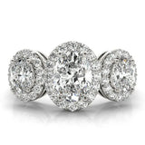 Platinum Three-Stone Oval Halo Diamond Ring with Pave Band and Four-Prong Setting 1