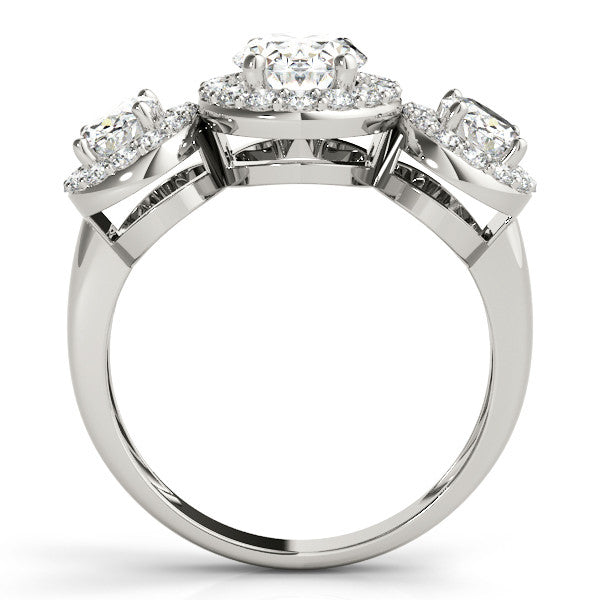 Platinum Three-Stone Oval Halo Diamond Ring with Pave Band and Four-Prong Setting