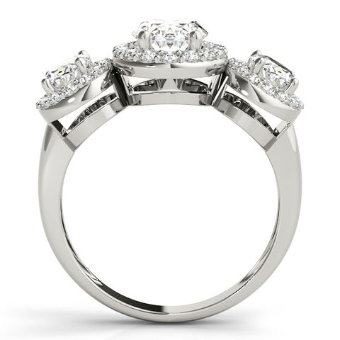 Platinum Three-Stone Oval Halo Diamond Ring with Pave Band and Four-Prong Setting