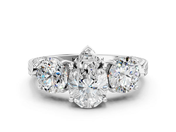Platinum Pear-Shaped Vintage Three Stone Engagement Ring Setting