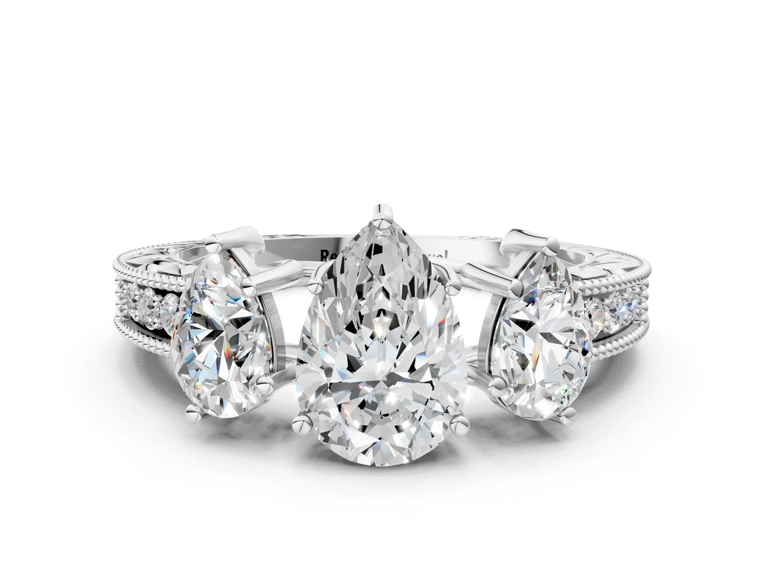 Platinum Three-Stone Pear Cut Cut Milgrain Pavé Engagement Ring_7