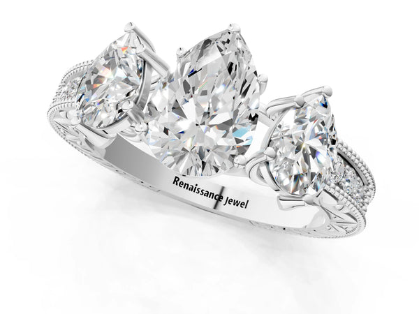 Platinum Pear-Shaped Vintage Three Stone Engagement Ring Setting with Milgrain Pave Band