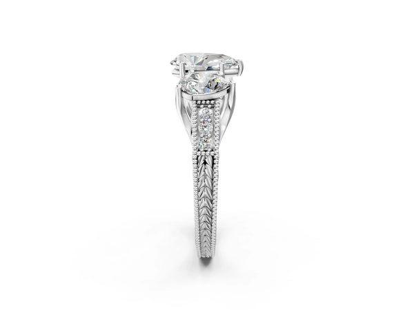 Platinum Pear-Shaped Vintage Three Stone Engagement Ring Setting with Milgrain Pave Band
