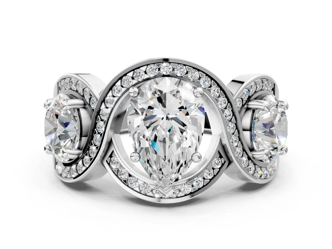 Platinum Three-Stone Pear Cut Diamond Wave Pave Band with Prong Setting_19