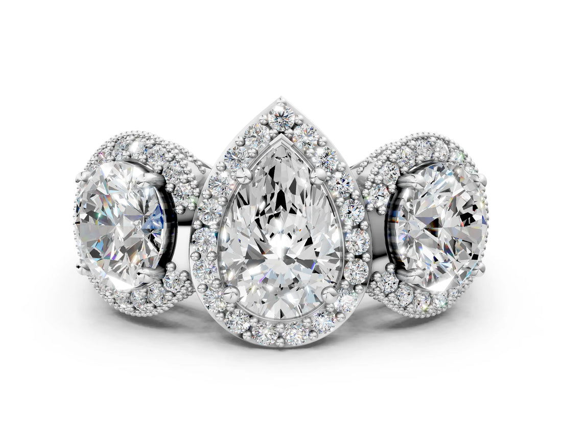 Platinum Three-Stone Pear Cut Halo Diamond Milgrain Band with Four-Prong Setting_7