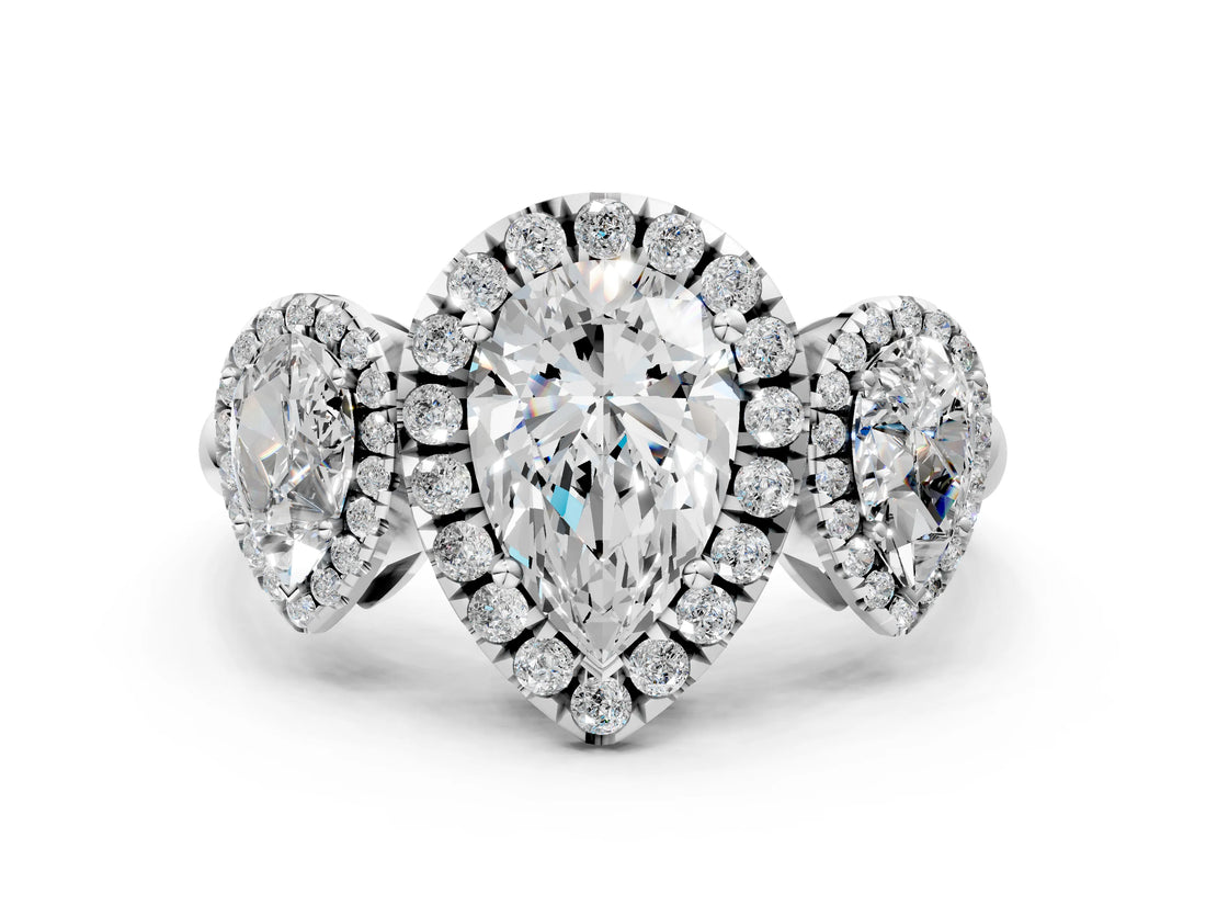 Platinum Three-Stone Pear Cut Halo Diamond Ring with Pave Band and Four-Prong Setting_31