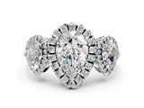 Platinum Three-Stone Pear Cut Halo Diamond Ring with Pave Band and Four-Prong Setting_31