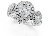 Platinum Three-Stone Pear Cut Halo Diamond Ring with Pave Band and Four-Prong Setting_32
