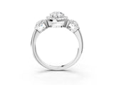 Platinum Three-Stone Pear Cut Halo Diamond Ring with Pave Band and Four-Prong Setting_34