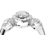 Platinum Three-Stone Pear Cut Halo Diamond Ring with Pave Band and Four-Prong Setting_35
