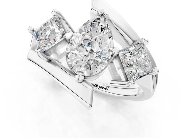 Platinum Three-Stone Pear Cut Tension Band Ring with Four-Prong Setting