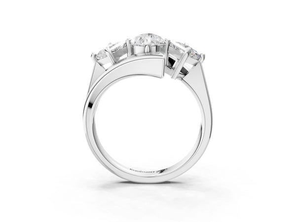 Platinum Three-Stone Pear Cut Tension Band Ring with Four-Prong Setting