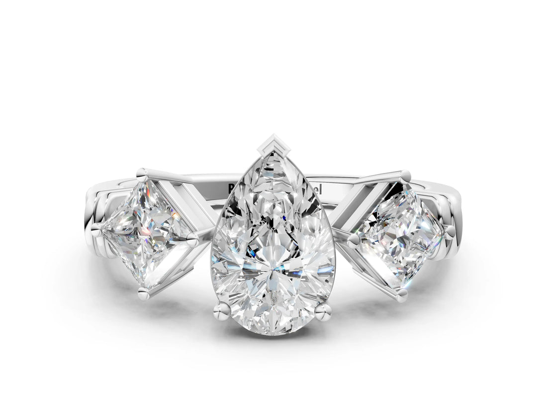 Platinum Three-Stone Pear and Princess Cut Diamond Ring with Channel Band and Four-Prong Setting_16