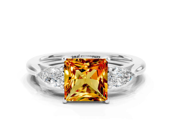 Platinum Three-Stone Princess Cut Citrine Ring with Pear  Side Stones in Four-Prong Setting
