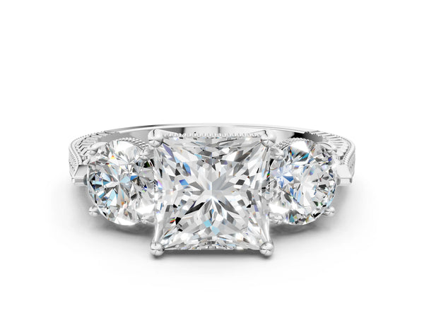Platinum Princess Cut Vintage Three Stone Engagement Ring Setting