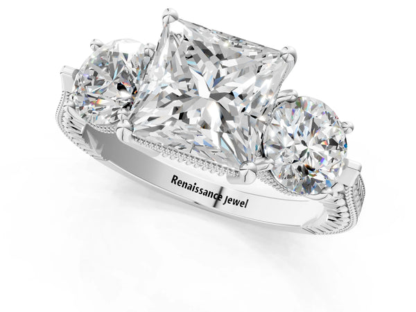 Platinum Princess Cut Vintage Three Stone Engagement Ring Setting