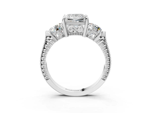 Platinum Princess Cut Vintage Three Stone Engagement Ring Setting