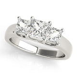Platinum Three-Stone Princess Cut Diamond Ring with Cathedral Band and Four-Prong Setting