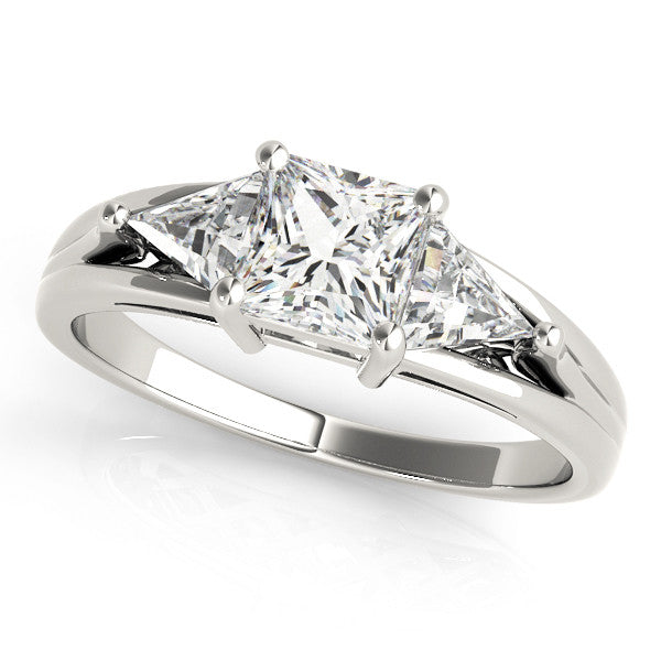 Platinum Three-Stone Princess Cut Diamond Ring with Trillion Side Stones on a Split Shank Band 1