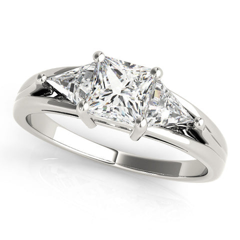 Platinum Three-Stone Princess Cut Diamond Ring with Trillion Side Stones on a Split Shank Band 1