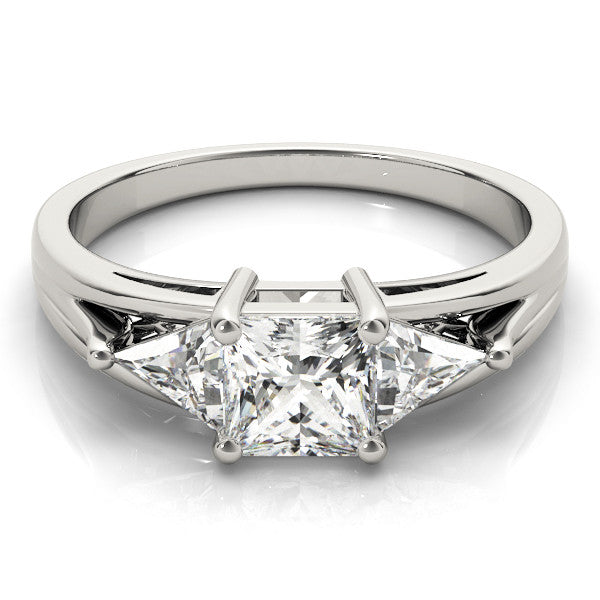 White gold Three-Stone Princess Cut Diamond Ring with Trillion Side Stones on a Split Shank Band