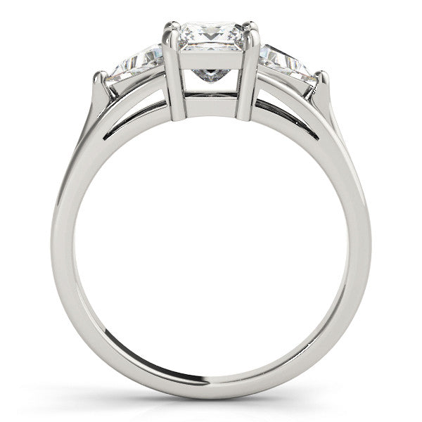 White gold Three-Stone Princess Cut Diamond Ring with Trillion Side Stones on a Split Shank Band