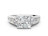 Platinum Three-Stone Princess Cut Diamond Ring with Trillion Side Stones on a Split Shank Band_11