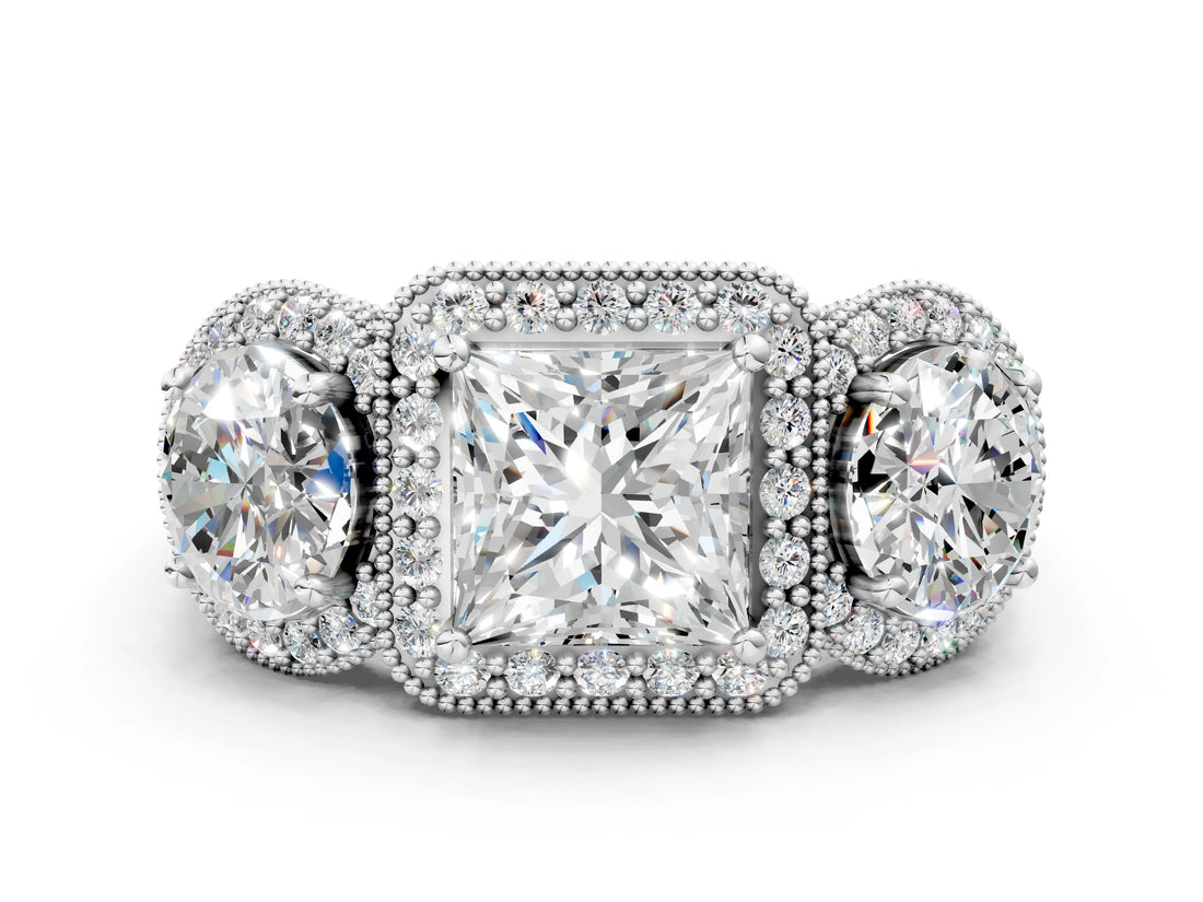 Platinum Three-Stone Princess Cut Halo Diamond Milgrain Band with Four-Prong Setting_7