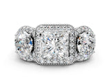 Platinum Three-Stone Princess Cut Halo Diamond Milgrain Band with Four-Prong Setting_7
