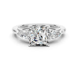 Platinum Three-Stone Princess Cut Moissanite Ring with Pear  Side Stones in Four-Prong Setting_54