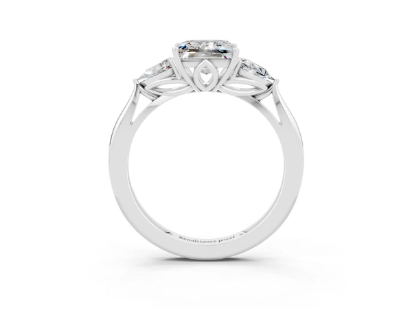 Platinum Three-Stone Princess Cut Moissanite Ring with Pear  Side Stones in Four-Prong Setting