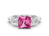 Platinum Three-Stone Princess Cut Pink Sapphire Ring with Pear  Side Stones in Four-Prong Setting_54