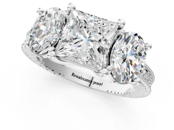 Platinum Princess Cut Three-Stone Vintage Engagement Ring Setting with Graduated Milgrain Pave Band